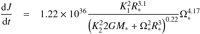 Mathematical equation: \begin{eqnarray} \label{djdtmodel12} \frac{{\rm d}J}{{\rm d}t} &=& 1.22\times10^{36} \frac{K_1^2 R_*^{3.1}}{\left(K_2^22GM_*+\Omega_*^2R_*^3\right)^{0.22}} \Omega_{*}^{4.17} \end{eqnarray}