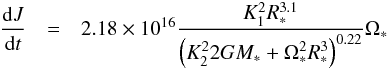 Mathematical equation: \begin{eqnarray} \label{djdtmodel22} \frac{{\rm d}J}{{\rm d}t} &=& 2.18\times10^{16} \frac{K_1^2 R_*^{3.1}}{\left(K_2^22GM_*+\Omega_*^2R_*^3\right)^{0.22}} \Omega_{*} \end{eqnarray}