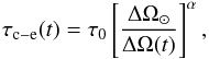 Mathematical equation: \begin{eqnarray} \tau_{\rm c{-}e} (t) = \tau_0 \left[\frac{\Delta \Omega_{\odot}}{\Delta \Omega (t)}\right]^\alpha, \end{eqnarray}