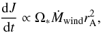 Mathematical equation: \begin{eqnarray} \label{djdt} \frac{{\rm d}J}{{\rm d}t} \propto \Omega_* \dot{M}_{\rm wind} r_{\rm A}^2, \end{eqnarray}