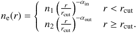 Mathematical equation: \appendix \setcounter{section}{1} \begin{equation} n_{\rm e}(r) = \left\{ \begin{array}{l l} n_{1}\left(\frac{r}{r_{\rm cut}}\right)^{-\alpha_{\rm in}} & r < r_{\rm cut} \\ n_{2}\left(\frac{r}{r_{\rm cut}}\right)^{-\alpha_{\rm out}} & r \ge r_{\rm cut}. \end{array} \right. \label{eq:broken} \end{equation}