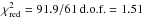 Mathematical equation: \hbox{$\chi^2_{\rm red} = 91.9/61\, \textrm{d.o.f.}=1.51$}
