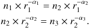 Mathematical equation: \appendix \setcounter{section}{1} \begin{eqnarray*} n_1 \times r_1^{-\alpha_1}= n_2 \times r_1^{-\alpha_2}\\ n_2 \times r_2^{-\alpha_2}= n_3 \times r_2^{-\alpha_3}. \end{eqnarray*}