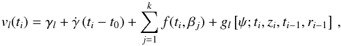 Mathematical equation: \begin{equation} \label{eq:model} v_{l}(t_i) = \gamma_{l} + \dot{\gamma}\, (t_i-t_0) + \sum_{j=1}^{k} f(t_i, \vec{\beta}_{j}) + g_l\left[\vec{\psi}; t_{i}, z_{i}, t_{i-1}, r_{i-1}\right]\, , \end{equation}