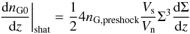 Mathematical equation: \appendix \setcounter{section}{1} \begin{equation} \frac{\dr n_{\rm G0}}{\dr z}\bigg|_{\rm shat}=\frac{1}{2}4 n_{\rm G,preshock}\frac{\Vs}{\Vn} \Sigma^3 \frac{\dr \Sigma}{\dr z} \end{equation}