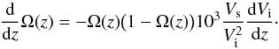 Mathematical equation: \appendix \setcounter{section}{1} \begin{equation} \frac{\dr}{\dr z}\Omega(z) = -\Omega(z) \big( 1 - \Omega(z) \big) 10^3 \frac{\Vs}{\Vi^2} \frac{\dr \Vi}{\dr z}\cdot \end{equation}