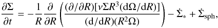 Mathematical equation: \begin{equation} \frac{\partial \Sigma}{\partial t}=-\frac{1}{R}\frac{\partial}{\partial R}\left( \frac{(\partial/\partial R)[\nu \Sigma R^3 ({\rm d}\Omega/{\rm d}R)]}{({\rm d}/{\rm d}R)(R^2 \Omega)}\right) -\dot{\Sigma}_{*}+\dot{\Sigma}_{\rm sph} , \label{eq:linpringle} \end{equation}