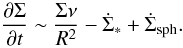 Mathematical equation: \begin{equation} \frac{\partial \Sigma}{\partial t} \sim \frac{\Sigma \nu}{R^2}-\dot{\Sigma}_{*}+\dot{\Sigma}_{\rm sph} . \label{eq:parsigma} \end{equation}