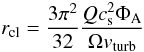 Mathematical equation: \begin{equation} r_{\rm cl}=\frac{3 \pi^2}{32}\frac{Q c_{\rm s}^2 \Phi_{\rm A}}{\Omega v_{\rm turb}} \end{equation}