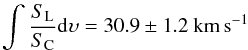 Mathematical equation: \begin{eqnarray*} \int\frac{S_{\rm L}}{S_{\rm C}} {\rm d} \upsilon = 30.9 \pm 1.2\ \mkm \end{eqnarray*}