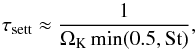 Mathematical equation: \begin{equation} \label{vstime} \tau_{\rm{sett}} \approx \frac{1}{\Omega_{\rm{K}} \min(0.5,\rm{St})}, \end{equation}