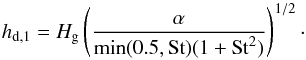 Mathematical equation: \begin{equation} \label{hdust1} h_{\rm{d,1}} = H_{\rm{g}} \left( \frac{\alpha}{\min(0.5,{\rm{St}}) (1 + {\rm{St}}^2)} \right)^{1\slash2}\cdot \end{equation}