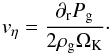 Mathematical equation: \begin{equation} \label{veta} v_{\eta} = \frac{\partial_{\rm{r}} P_{\rm{g}}}{2 \rho_{\rm{g}} \Omega_{\rm{K}}}\cdot \end{equation}