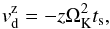 Mathematical equation: \begin{equation} \label{vsvel} v_{\rm{d}}^{\rm{z}} = -z \Omega^2_{\rm{K}} t_{\rm{s}}, \end{equation}