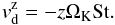 Mathematical equation: \begin{equation} \label{vsvel2} v_{\rm{d}}^{\rm{z}} = -z \Omega_{\rm{K}} \rm{St}. \end{equation}