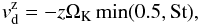 Mathematical equation: \begin{equation} \label{vsvelmin} v_{\rm{d}}^{\rm{z}} = -z \Omega_{\rm{K}} \min(0.5,\rm{St}), \end{equation}