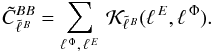 Mathematical equation: \begin{equation} \tilde{C}_{\tell{B}}^{BB}=\sum_{\ellphi,\, \elle} \, \lensker{B}{E}{\Phi}. \label{eq:ker2dSum} \end{equation}