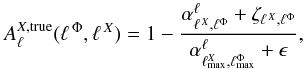Mathematical equation: \appendix \setcounter{section}{1} \begin{equation} A_{\ell}^{X,\rm true}(\ellphi,\ellx)=1-\frac{\alpha^{\ell}_{\ellx, \ell^{\Phi} }+\zeta_{\ellx, \ell^{\Phi}}}{\alpha^{\ell}_{\ell_{\rm max}^{X}, \ell^{\Phi}_{\rm max} } +\epsilon}, \end{equation}