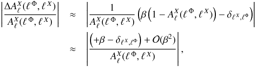 Mathematical equation: \appendix \setcounter{section}{1} \begin{eqnarray} \left |\frac{\Delta A_{\ell}^{X}(\ellphi,\ellx)}{A_{\ell}^{X}(\ellphi,\ellx)}\right | &\approx&\left | \frac{1}{A_{\ell}^{X}(\ellphi,\ellx)}\left(\beta\left(1- A_{\ell}^{X}(\ellphi,\ellx) \right)- \delta_{\ellx,\ell^{\Phi}}\right) \right | \nonumber\\ &\approx&\left |\frac{\left(+\beta - \delta_{\ellx,\ell^{\Phi}}\right) + \mathcal{O}(\beta^{2})}{A_{\ell}^{X}(\ellphi,\ellx)}\right |, \label{eq:accuracy} \end{eqnarray}