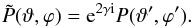 Mathematical equation: \begin{equation} \tilde{P}(\vartheta,\varphi)={\rm e}^{2\gamma\rm i}P(\vartheta^\prime,\varphi^\prime). \end{equation}
