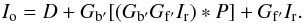 Mathematical equation: \appendix \setcounter{section}{1} \begin{equation} I_{\rm o}=D+G_{\rm b^\prime}[(G_{\rm b^\prime} G_{\rm f^\prime} I_{\rm r})* P] + G_{\rm f^\prime} I_{\rm r}.\label{sfullsim} \end{equation}