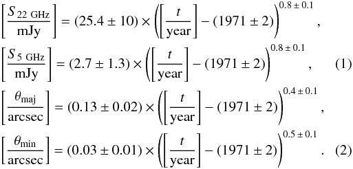 Mathematical equation: \begin{eqnarray} &&\left[\frac{S_{\rm 22~GHz}}{\rm mJy}\right]=(25.4\pm10)\times\left(\left[\frac{t}{\rm year}\right]-(1971\pm2)\right)^{0.8\,\pm\,0.1}, \nonumber \\ &&\left[\frac{S_{\rm 5~GHz}}{\rm mJy}\right]=(2.7\pm1.3)\times\left(\left[\frac{t}{\rm year}\right]-(1971\pm2)\right)^{0.8\,\pm\,0.1}, \\ &&\left[\frac{\theta_{\rm maj}}{\rm arcsec}\right]=(0.13\pm0.02)\times\left(\left[\frac{t}{\rm year}\right]-(1971\pm2)\right)^{0.4\,\pm\,0.1}, \nonumber \\ &&\left[\frac{\theta_{\rm min}}{\rm arcsec}\right]=(0.03\pm0.01)\times\left(\left[\frac{t}{\rm year}\right]-(1971\pm2)\right)^{0.5\,\pm\,0.1}. \end{eqnarray}