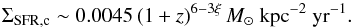Mathematical equation: \begin{equation} % \Sigma_{\mathrm{SFR,c}}\sim0.0045 \, (1+z)^{6-3\xi} \, M_\odot\ \mathrm{kpc}^{-2}\ \mathrm{yr}^{-1}.\label{SFRz} \end{equation}