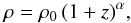 Mathematical equation: \begin{equation} \rho=\rho_0 \, (1+z)^\alpha, \end{equation}