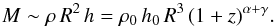 Mathematical equation: \begin{equation} M\sim\rho \, R^2 \, h = \rho_0 \, h_0 \, R^3 \, (1+z)^{\alpha+\gamma}. \end{equation}