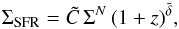 Mathematical equation: \begin{equation} \Sigma_{\mathrm{SFR}}=\tilde{C} \, \Sigma^N \, (1+z)^{\tilde{\delta}},\label{Kenni} \end{equation}