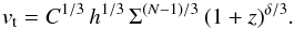 Mathematical equation: \begin{equation} v _{\rm t}=C^{1/3} \, h^{1/3} \, \Sigma^{(N-1)/3} \, (1+z)^{\delta/3}. \end{equation}