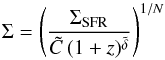 Mathematical equation: \begin{equation} \Sigma=\left( \frac{\Sigma_{\mathrm{SFR}}}{\tilde{C} \, (1+z)^{\tilde{\delta}}} \right)^{1/N} \end{equation}