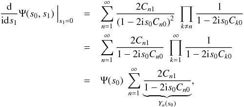 Mathematical equation: \appendix \setcounter{section}{2} \begin{eqnarray} \label{eq:deriv_psi} \frac{\dd}{\im\dd s_1}\Psi(s_0,s_1)\ \Big|_{s_1=0} &=& \sum_{n=1}^\infty\frac{2\Cnone}{\left(1-2\im s_0\Cnzero\right)^2}\ \prod_{k\neq n}\frac{1}{1-2\im s_0 C_{k0}}\nonumber\\ &=& \sum_{n=1}^\infty\frac{2\Cnone}{1-2\im s_0\Cnzero}\ \prod_{k=1}^\infty\frac{1}{1-2\im s_0 C_{k0}}\nonumber\\ &=& \Psi(s_0)\ \sum_{n=1}^\infty \underbrace{\frac{2\Cnone}{1-2\im s_0\Cnzero}}_{Y_n(s_0)}, \end{eqnarray}