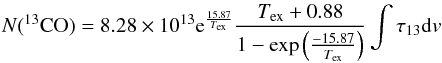 Mathematical equation: \begin{equation} N(^{13}{\rm CO})=8.28 \times 10^{13}{\rm e}^{\frac{15.87}{T_{\rm ex}}}\frac{T_{\rm ex}+0.88}{1-\exp\left(\frac{-15.87}{T_{\rm ex}}\right)} \int{\tau_{13} {\rm d}v} \end{equation}