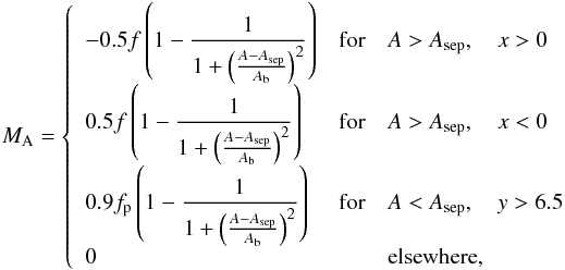 Mathematical equation: \begin{eqnarray} M_{\rm A} = \left\lbrace \begin{array}{lcl} -0.5 f \left( 1-\displaystyle\frac{1}{1+ \left(\frac{A-A_{\rm sep}}{A_{\rm b}}\right)^{2} }\right) & \textrm{for} & A > A_{\rm sep} ,\quad x > 0 \nonumber\\ 0.5 f \left( 1-\displaystyle\frac{1}{1+ \left(\frac{A-A_{\rm sep}}{A_{\rm b}}\right)^{2} }\right) & \textrm{for} & A > A_{\rm sep} ,\quad x < 0 \nonumber\\ 0.9 f_{\rm p}\left( 1-\displaystyle\frac{1}{1+ \left(\frac{A-A_{\rm sep}}{A_{\rm b}}\right)^{2} }\right) & \textrm{for} & A < A_{\rm sep},\quad y > 6.5\nonumber \\ 0 & & \textrm{elsewhere}, \end{array} \right.\nonumber \end{eqnarray}