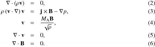 Mathematical equation: \begin{eqnarray} \label{konti}\vec\nabla\cdot(\rho\vec v) & = & 0,\\ \label{euler0}\rho\left(\vec v\cdot\vec\nabla\right)\vec v & = & \vec j\times\vec B - \vec\nabla p , \\ \label{paral}\vec v & = & \frac{M_{\rm A}\vec B}{\sqrt{\rho}} ,\\ \label{konti2}\vec\nabla\cdot\vec v & =& 0,\\ \label{divb}\vec\nabla\cdot\vec B & = & 0 . \end{eqnarray}