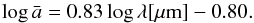 Mathematical equation: \begin{equation} \label{albedo dependence} {\rm log}\, \bar{a} = 0.83 \, {\rm log}\, \lambda [\mu{\rm m}] - 0.80. \end{equation}