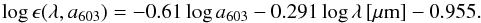 Mathematical equation: \begin{equation} \label{eq:pvsa} {\rm log}\, \epsilon(\lambda, a_{603}) = -0.61 \,{\rm log}\, a_{603} - 0.291 \, {\rm log}\, \lambda \,[\mu{\rm m}] - 0.955 . \end{equation}