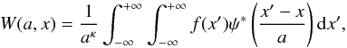 Mathematical equation: \begin{equation} W(a,{ x})=\frac{1}{a^{\kappa}} \int_{-\infty}^{+\infty} \int_{-\infty}^{+\infty} f( x')\psi^{\ast}\left(\frac{{ x'-x}} {{\it a}}\right){\rm d}{ x'}, \label{wav_transform} \end{equation}