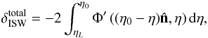 Mathematical equation: \begin{equation} \delta^{\rm total}_{\rm ISW}=-2\int_{\eta_L}^{\eta_0}\Phi'\left((\eta_0-\eta)\hat{\vec{n}},\eta \right)\rd\eta, \label{sec:theory:eq:isw} \end{equation}