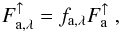 Mathematical equation: \begin{equation} F_{\mathrm{a},\lambda}^\uparrow = f_{\mathrm{a},\lambda} F_{\mathrm{a}}^\uparrow \ , \label{eq:flux__ir_splitup} \end{equation}