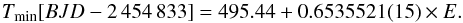 Mathematical equation: \begin{equation} T_{\rm min}[BJD-2\,454\,833]=495.44+ 0.6535521(15)\times E . \label{e0} \end{equation}