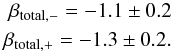 Mathematical equation: \begin{eqnarray} \beta_{\rm total,-} = -1.1 \pm 0.2 \nonumber \\ \beta_{\rm total,+} = -1.3 \pm 0.2. \nonumber \end{eqnarray}