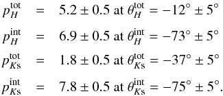 Mathematical equation: \begin{eqnarray} p_H^{\rm tot} &=& 5.2 \pm 0.5 \textnormal{ at } \theta_{H}^{\rm tot} = -12^{\circ} \pm 5^{\circ} \nonumber\\[1mm] p_H^{\rm int} &=& 6.9 \pm 0.5 \textnormal{ at } \theta_{H}^{\rm int} = -73^{\circ} \pm 5^{\circ} \nonumber\\[1mm] p_{K{\rm s}}^{\rm tot} &=& 1.8 \pm 0.5 \textnormal{ at } \theta_{K{\rm s}}^{\rm tot} = -37^{\circ} \pm 5^{\circ} \nonumber\\[1mm] p_{K{\rm s}}^{\rm int} &=& 7.8 \pm 0.5 \textnormal{ at } \theta_{K{\rm s}}^{\rm int} = -75^{\circ} \pm 5^{\circ} .\nonumber \end{eqnarray}