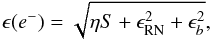 Mathematical equation: \begin{equation} \epsilon(e^-) = \sqrt{\eta S + \epsilon_{\rm RN}^2 + \epsilon_{b}^2}, \label{eq:errorspec} \end{equation}