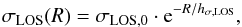 Mathematical equation: \begin{equation} \slos(R) = \sigma_{\rm LOS,0} \cdot {\rm e}^{-R/\hsl}, \label{eq:sigmaexp} \end{equation}