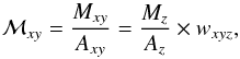 Mathematical equation: \begin{equation} \label{eq:Mcor_xy} {\cal M}_{xy} = \frac{M_{xy}}{A_{xy}} = \frac{M_z}{A_z} \times w_{xyz}, \end{equation}