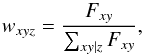 Mathematical equation: \begin{equation} \label{eq:Dezonification} w_{xyz} = \frac{F_{xy}}{\sum_{xy|z} F_{xy}}, \end{equation}