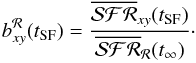 Mathematical equation: \begin{equation} \label{eq:b_Reg} b^{\cal R}_{xy}(t_{\rm SF}) = \frac{\overline{{\cal SFR}}_{xy}(t_{\rm SF})}{\overline{{\cal SFR}}_{\cal R}(t_\infty)} \cdot \end{equation}