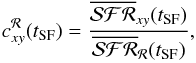 Mathematical equation: \begin{equation} \label{eq:c_Reg} c^{\cal R}_{xy}(t_{\rm SF}) = \frac{\overline{{\cal SFR}}_{xy}(t_{\rm SF})}{\overline{{\cal SFR}}_{\cal R}(t_{\rm SF})}, \end{equation}